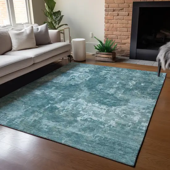 Teal Blue And Aqua Abstract Washable Indoor Outdoor Area Rug Photo 6