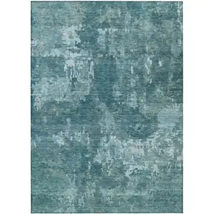 Photo of Teal Blue And Aqua Abstract Washable Indoor Outdoor Area Rug