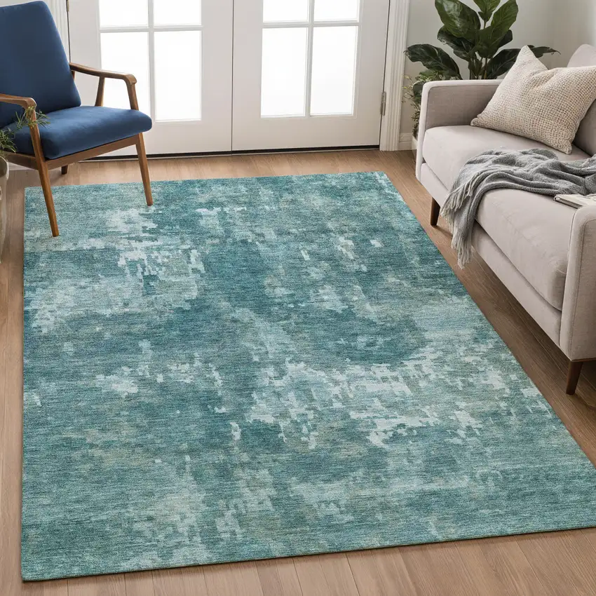 Teal Blue And Aqua Abstract Washable Indoor Outdoor Area Rug Photo 5