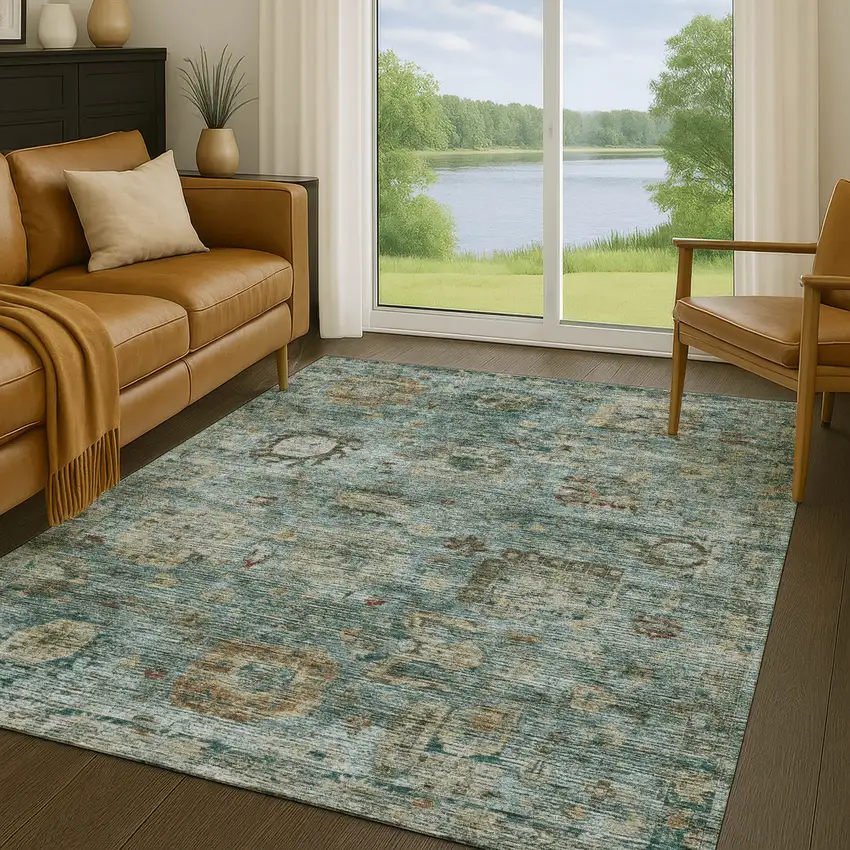 Teal Blue And Aqua Abstract Washable Indoor Outdoor Area Rug Photo 5