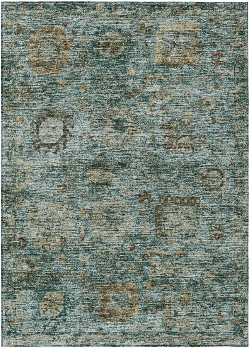 Teal Blue And Aqua Abstract Washable Indoor Outdoor Area Rug Photo 1