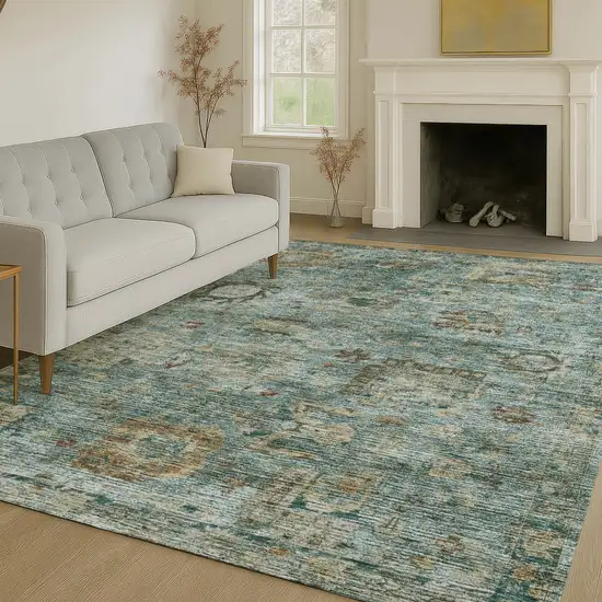 Teal Blue And Aqua Abstract Washable Indoor Outdoor Area Rug Photo 6