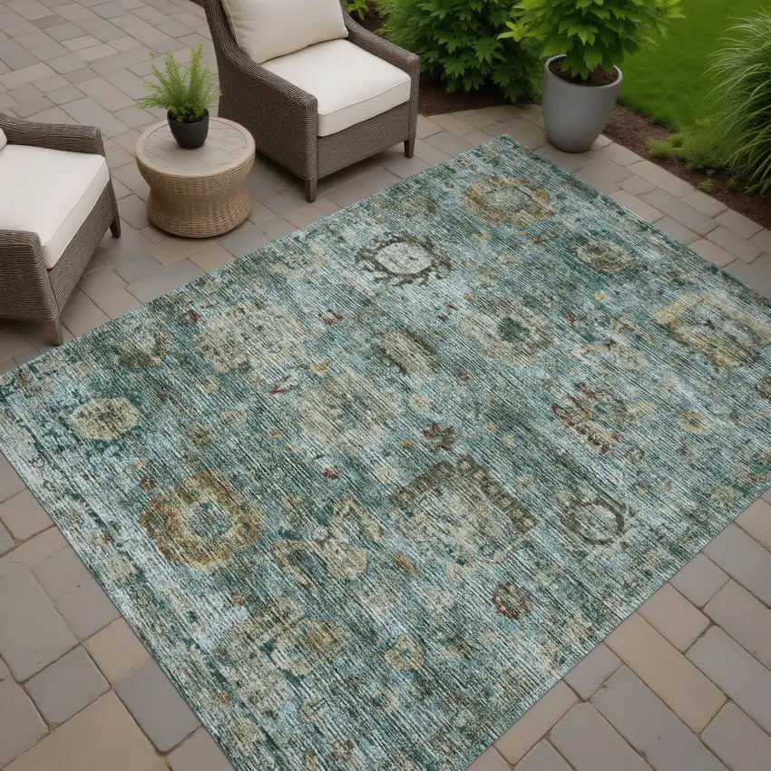 Teal Blue And Aqua Abstract Washable Indoor Outdoor Area Rug Photo 7