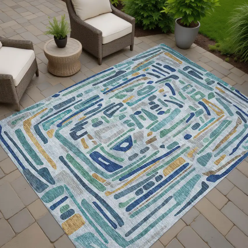 Teal Blue And Aqua Abstract Washable Indoor Outdoor Area Rug Photo 7
