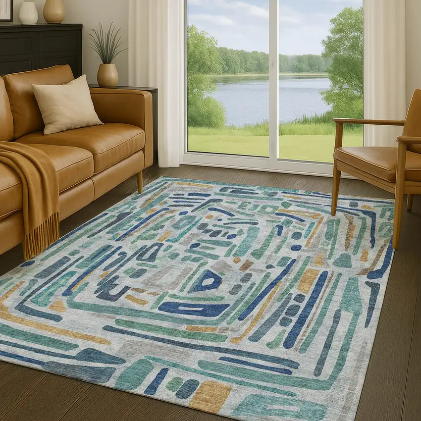 Teal Blue And Aqua Abstract Washable Indoor Outdoor Area Rug Photo 5