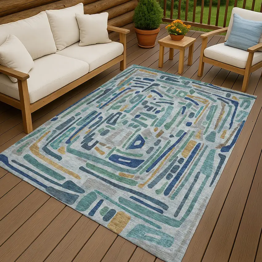 Teal Blue And Aqua Abstract Washable Indoor Outdoor Area Rug Photo 4