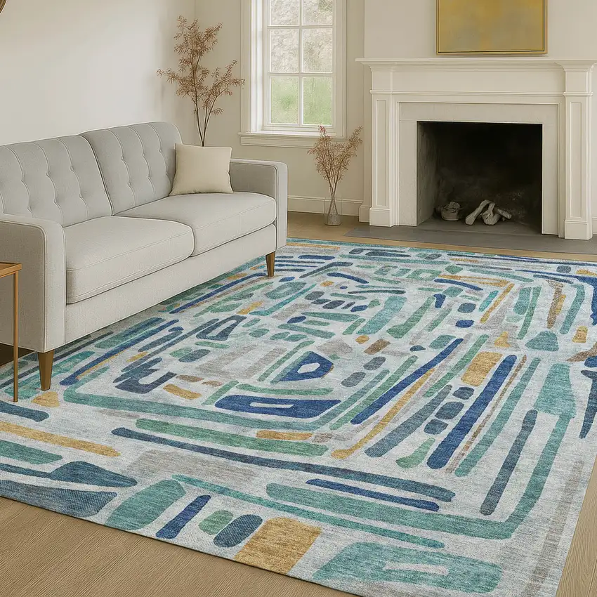 Teal Blue And Aqua Abstract Washable Indoor Outdoor Area Rug Photo 6
