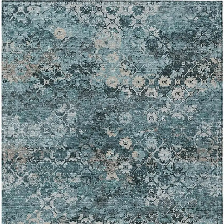 Teal Blue And Aqua Abstract Washable Indoor Outdoor Area Rug Photo 3