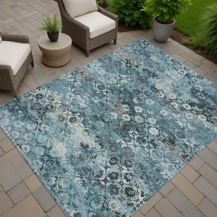 Teal Blue And Aqua Abstract Washable Indoor Outdoor Area Rug Photo 7