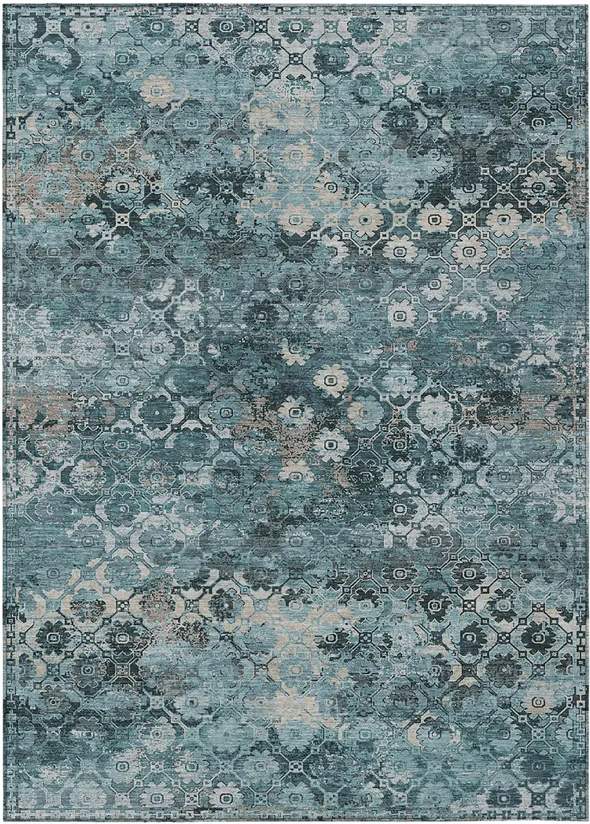 Teal Blue And Aqua Abstract Washable Indoor Outdoor Area Rug Photo 1