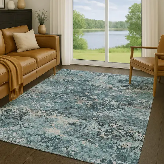 Teal Blue And Aqua Abstract Washable Indoor Outdoor Area Rug Photo 5