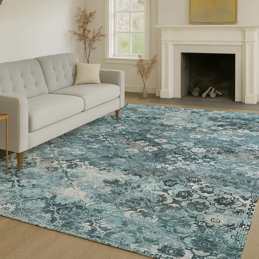 Teal Blue And Aqua Abstract Washable Indoor Outdoor Area Rug Photo 6