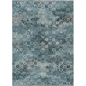 Photo of Teal Blue And Aqua Abstract Washable Indoor Outdoor Area Rug