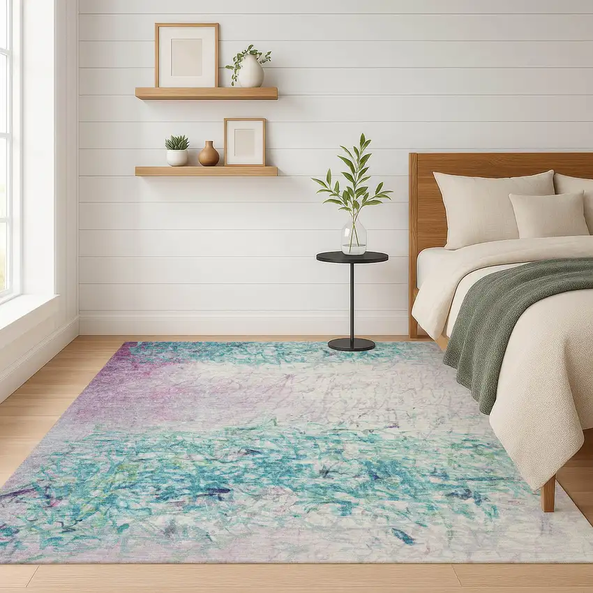Teal Blue And Aqua Abstract Washable Indoor Outdoor Area Rug Photo 6