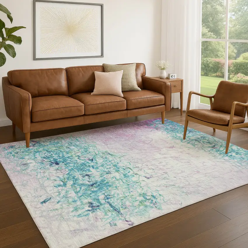 Teal Blue And Aqua Abstract Washable Indoor Outdoor Area Rug Photo 5