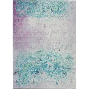 Photo of Teal Blue And Aqua Abstract Washable Indoor Outdoor Area Rug