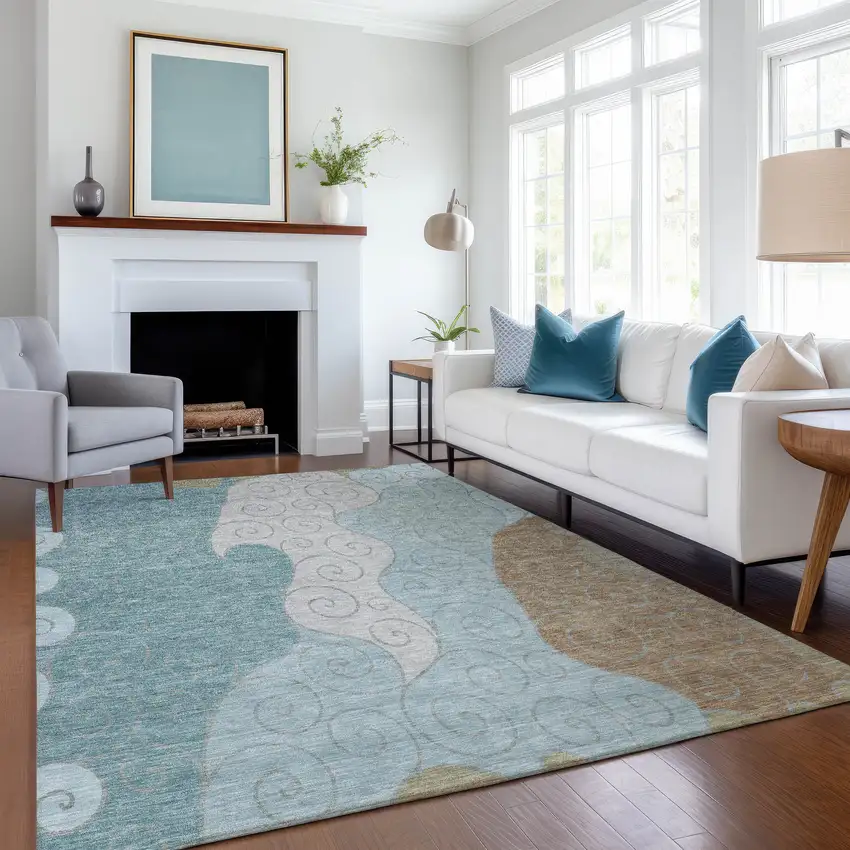 Teal Blue And Aqua Abstract Washable Indoor Outdoor Area Rug Photo 6