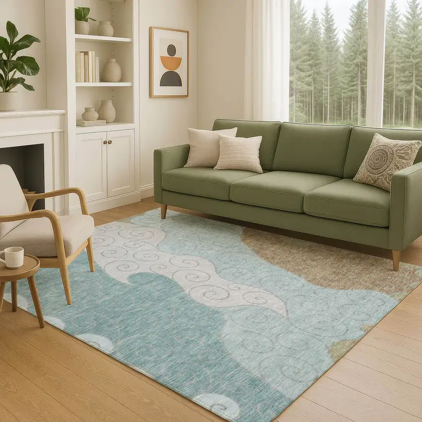 Teal Blue And Aqua Abstract Washable Indoor Outdoor Area Rug Photo 5