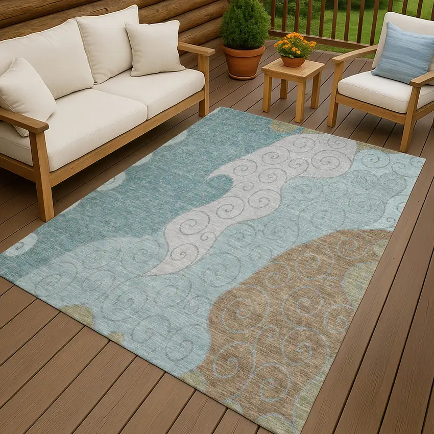 Teal Blue And Aqua Abstract Washable Indoor Outdoor Area Rug Photo 4