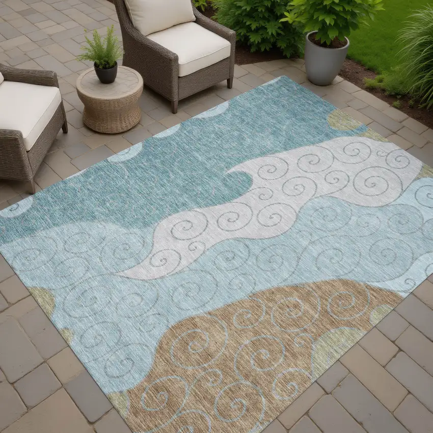 Teal Blue And Aqua Abstract Washable Indoor Outdoor Area Rug Photo 7
