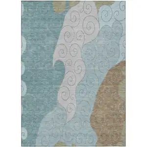 Photo of Teal Blue And Aqua Abstract Washable Indoor Outdoor Area Rug