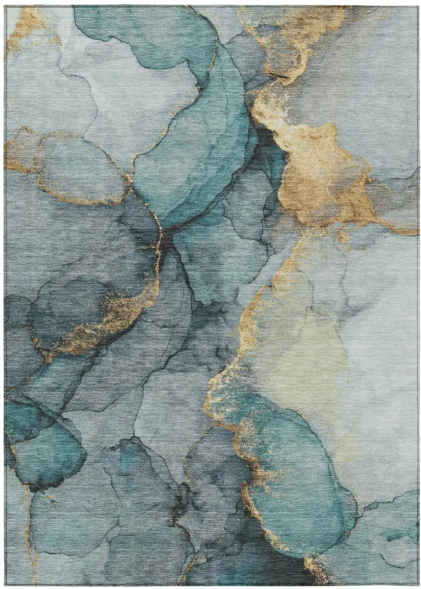 Teal Blue And Aqua Abstract Washable Indoor Outdoor Area Rug Photo 1