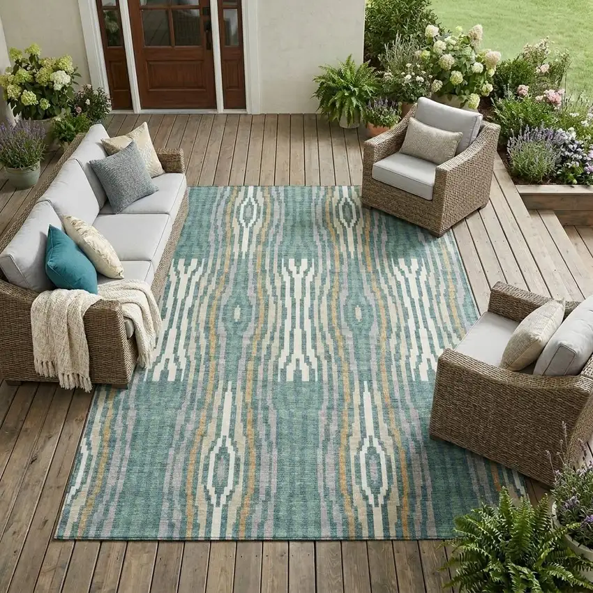 Teal Blue And Aqua Abstract Washable Indoor Outdoor Area Rug Photo 1
