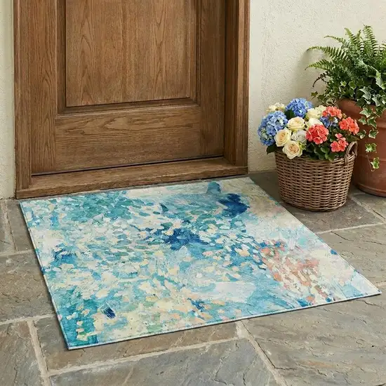 Teal Blue And Aqua Abstract Washable Indoor Outdoor Area Rug Photo 1