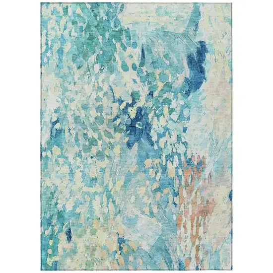 Teal Blue And Aqua Abstract Washable Indoor Outdoor Area Rug Photo 2