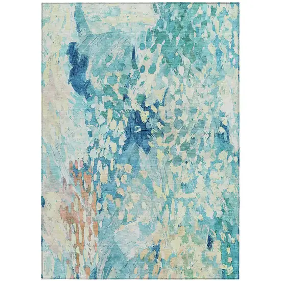 Teal Blue And Aqua Abstract Washable Indoor Outdoor Area Rug Photo 4