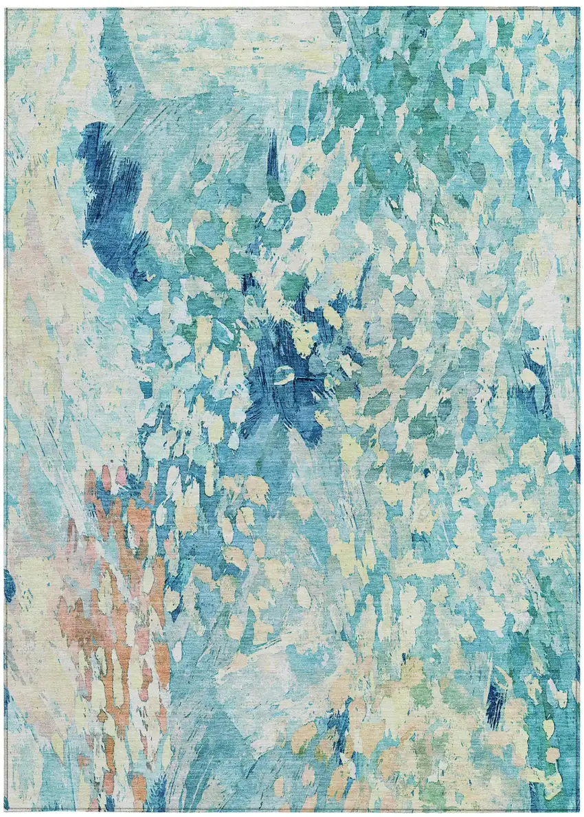 Teal Blue And Aqua Abstract Washable Indoor Outdoor Area Rug Photo 4
