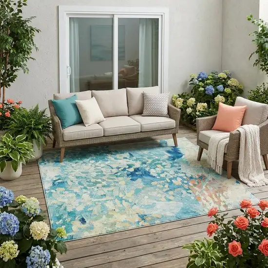 Teal Blue And Aqua Abstract Washable Indoor Outdoor Area Rug Photo 1