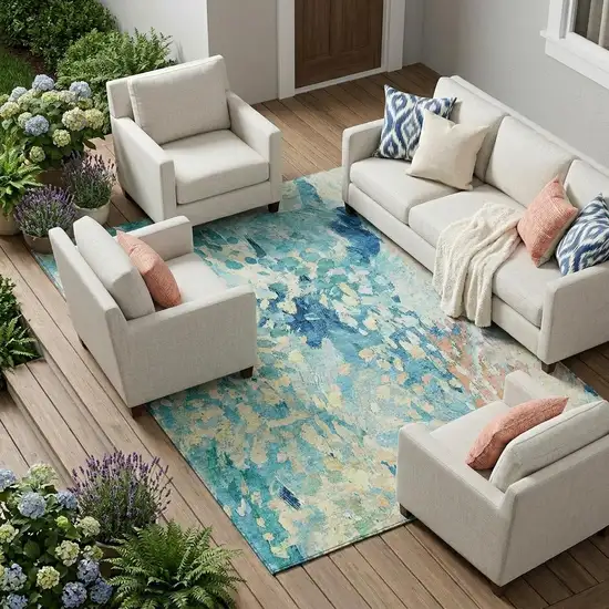 Teal Blue And Aqua Abstract Washable Indoor Outdoor Area Rug Photo 1