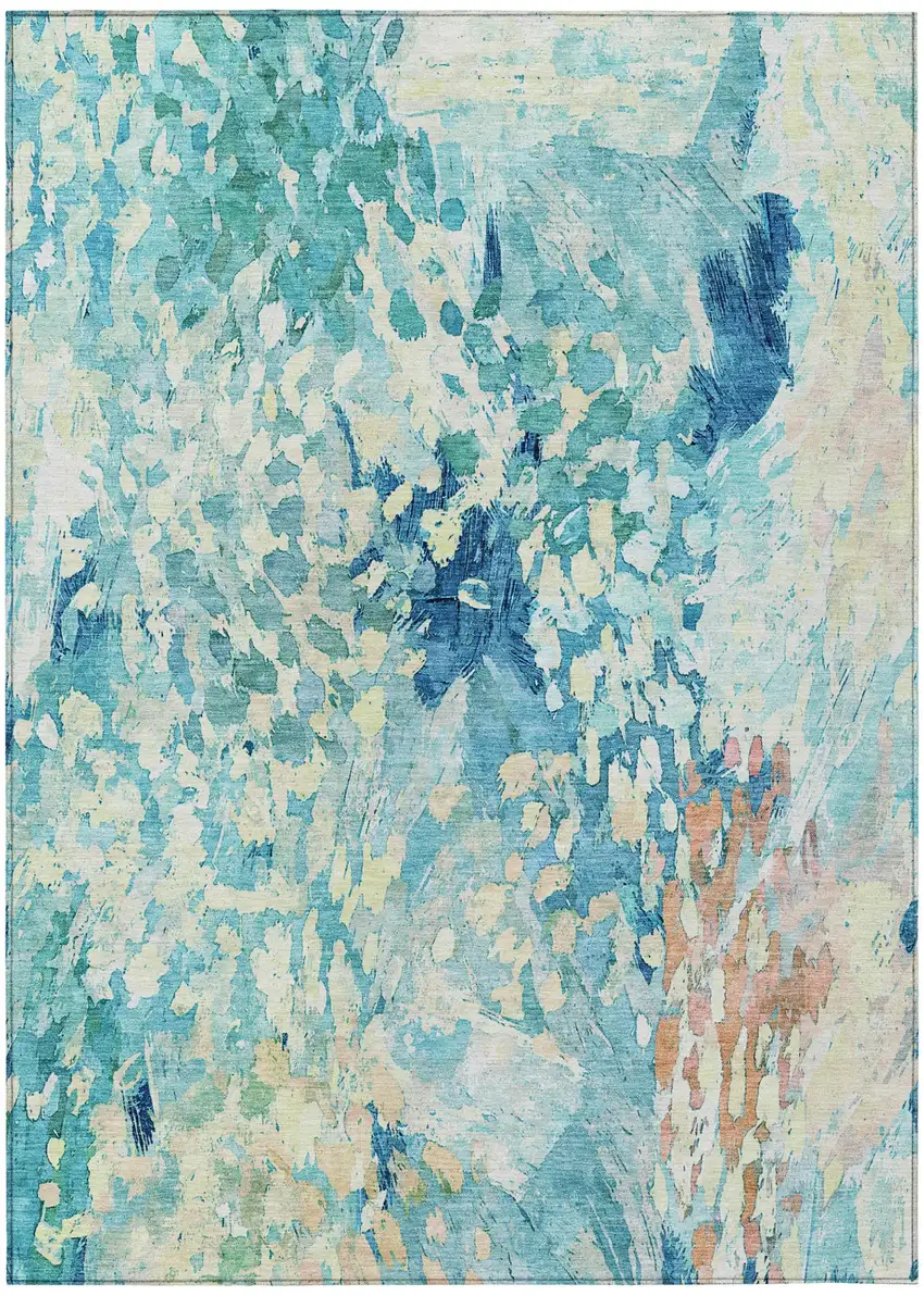 Teal Blue And Aqua Abstract Washable Indoor Outdoor Area Rug Photo 2