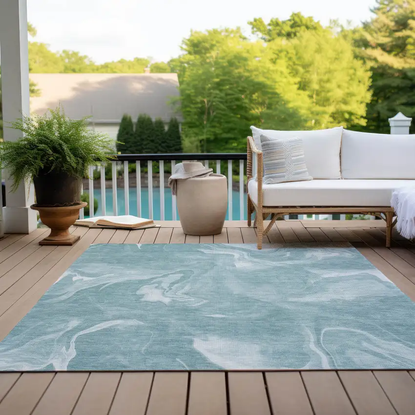 Teal Blue And Aqua Abstract Washable Indoor Outdoor Area Rug Photo 9