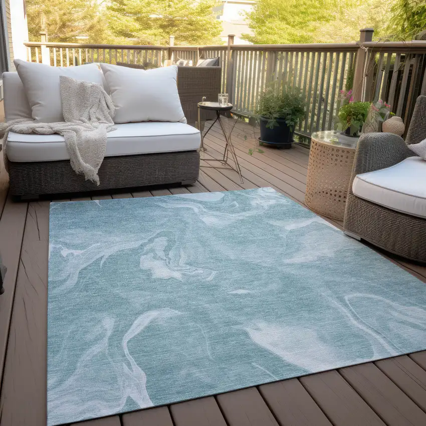Teal Blue And Aqua Abstract Washable Indoor Outdoor Area Rug Photo 6