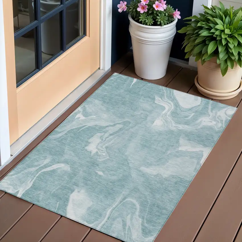 Teal Blue And Aqua Abstract Washable Indoor Outdoor Area Rug Photo 1
