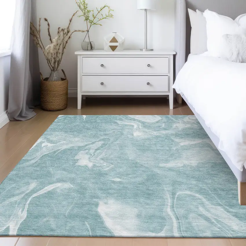 Teal Blue And Aqua Abstract Washable Indoor Outdoor Area Rug Photo 9