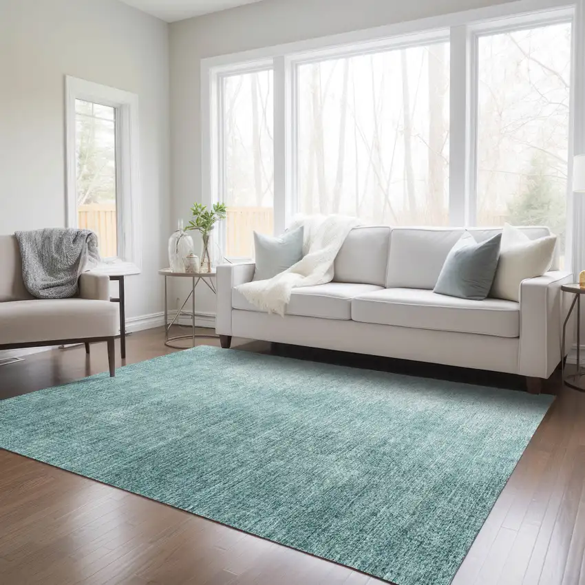 Teal Blue And Aqua Abstract Washable Indoor Outdoor Area Rug Photo 9