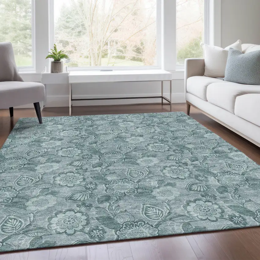 Teal Blue And Aqua Floral Washable Indoor Outdoor Area Rug Photo 7