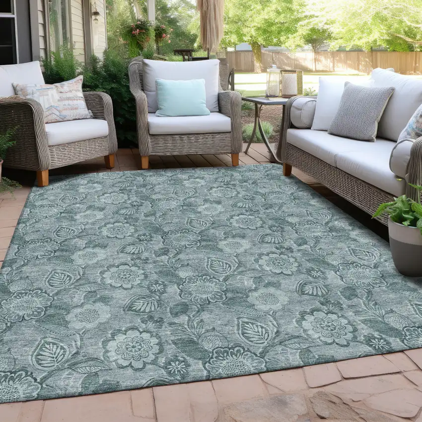 Teal Blue And Aqua Floral Washable Indoor Outdoor Area Rug Photo 5