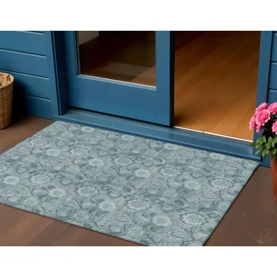Teal Blue And Aqua Floral Washable Indoor Outdoor Area Rug Photo 2