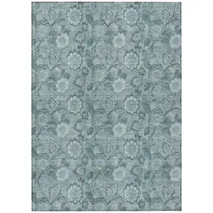 Photo of Teal Blue And Aqua Floral Washable Indoor Outdoor Area Rug