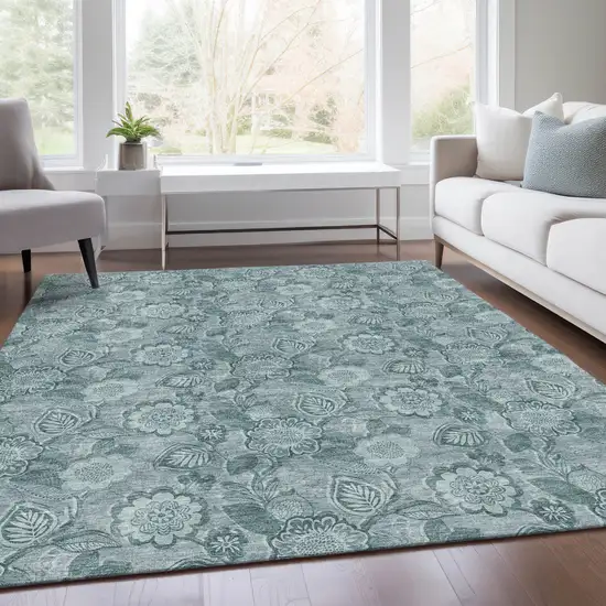 Teal Blue And Aqua Floral Washable Indoor Outdoor Area Rug Photo 7