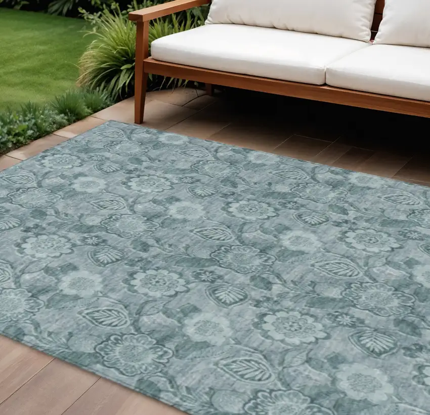 Teal Blue And Aqua Floral Washable Indoor Outdoor Area Rug Photo 2
