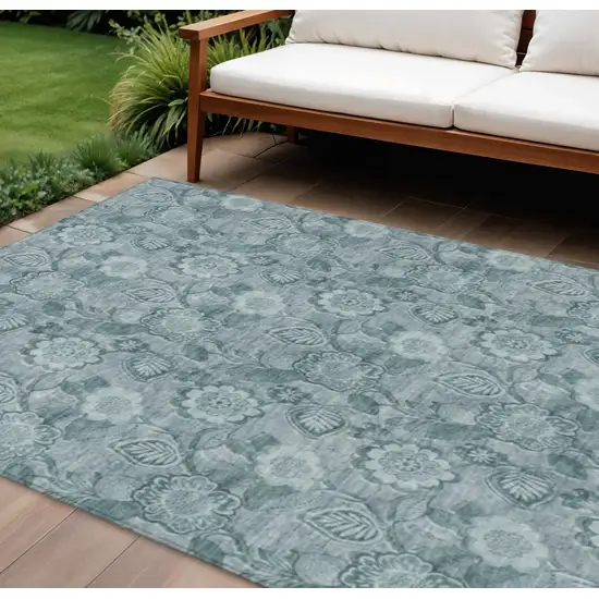 Teal Blue And Aqua Floral Washable Indoor Outdoor Area Rug Photo 2