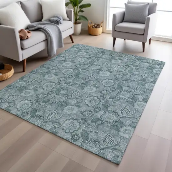 Teal Blue And Aqua Floral Washable Indoor Outdoor Area Rug Photo 6