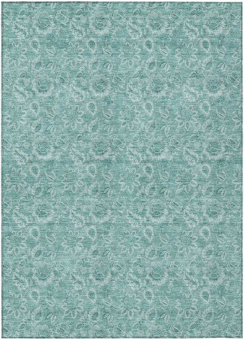Teal Blue And Aqua Floral Washable Indoor Outdoor Area Rug Photo 2