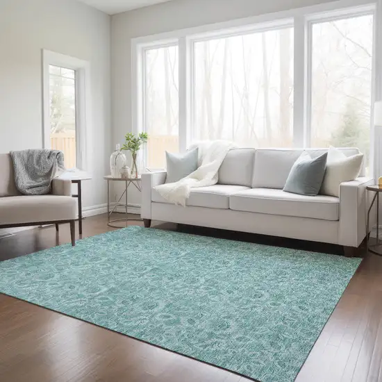 Teal Blue And Aqua Floral Washable Indoor Outdoor Area Rug Photo 9