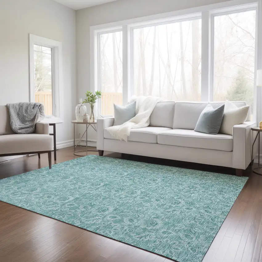 Teal Blue And Aqua Floral Washable Indoor Outdoor Area Rug Photo 9